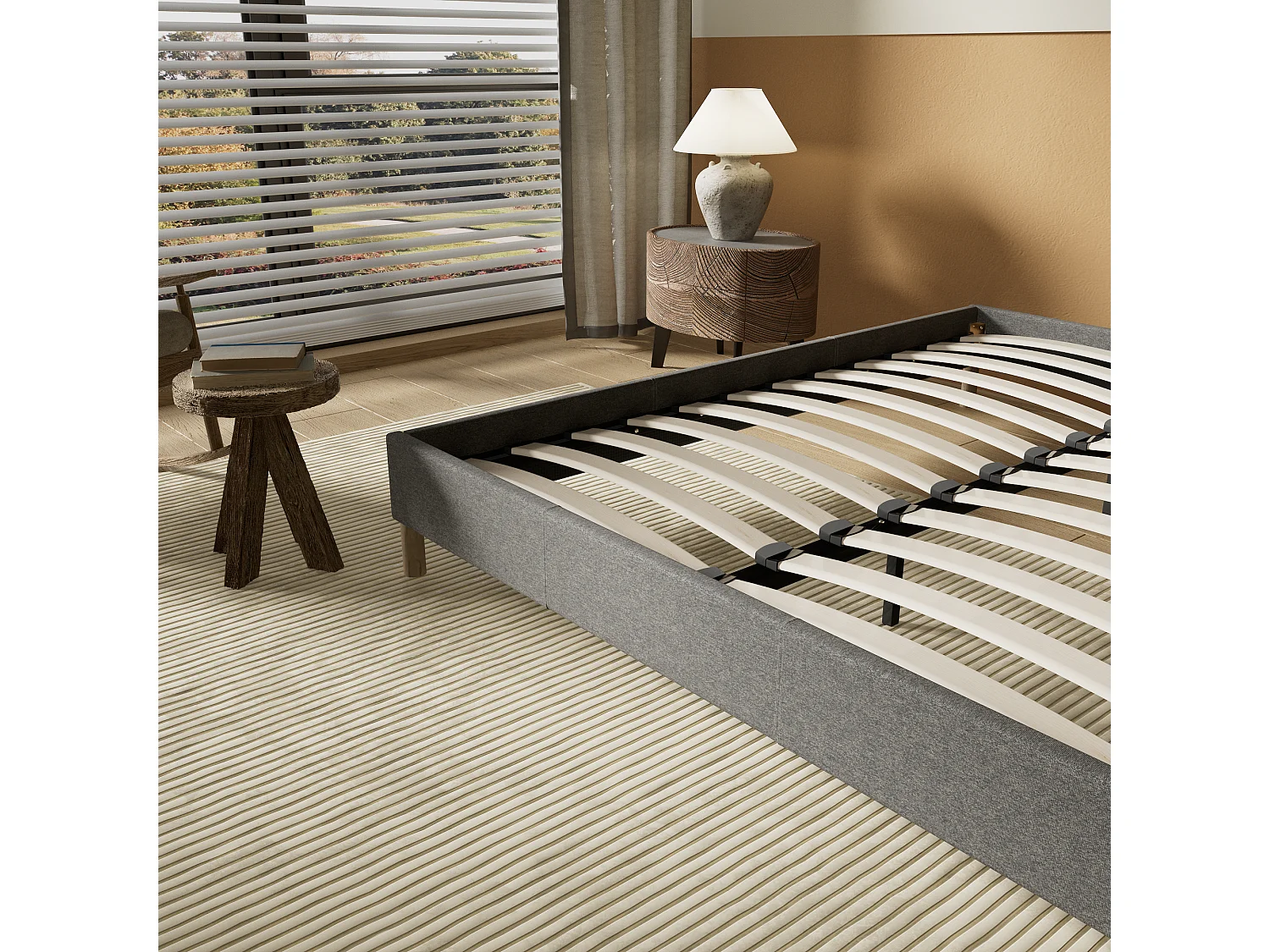 Sommier 140x200 cm, Revêtement en tissu Gris, Pieds en bois