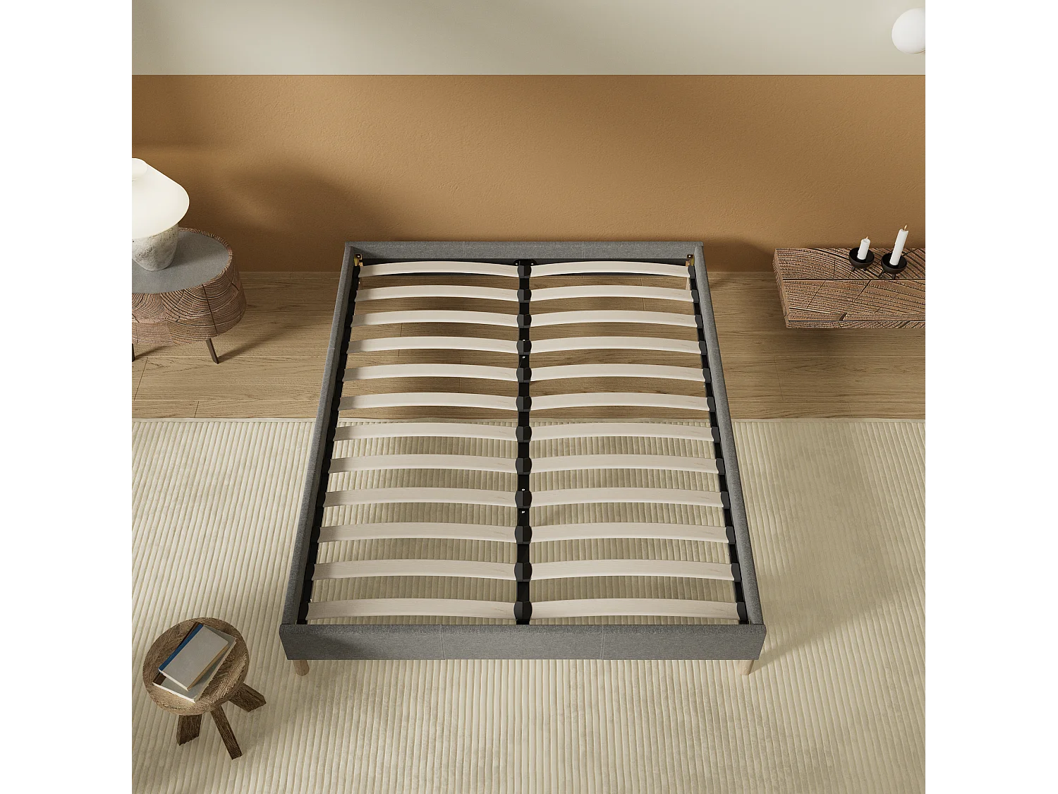 Sommier 140x200 cm, Revêtement en tissu Gris, Pieds en bois