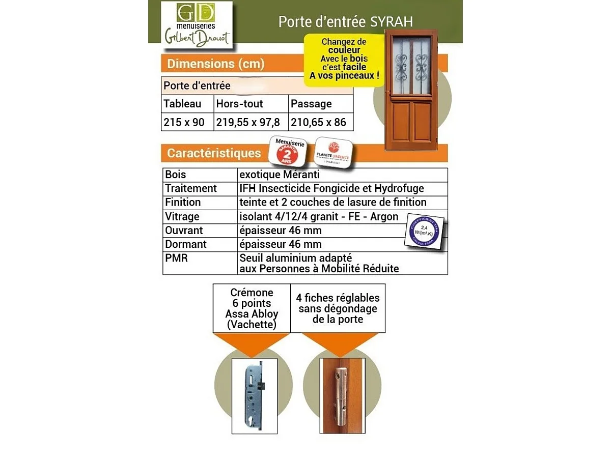 Porte D'entrée Bois Vitrée Syrah H215 X L90 Cm Côte Tableau, P.droit Gd Menuiseries