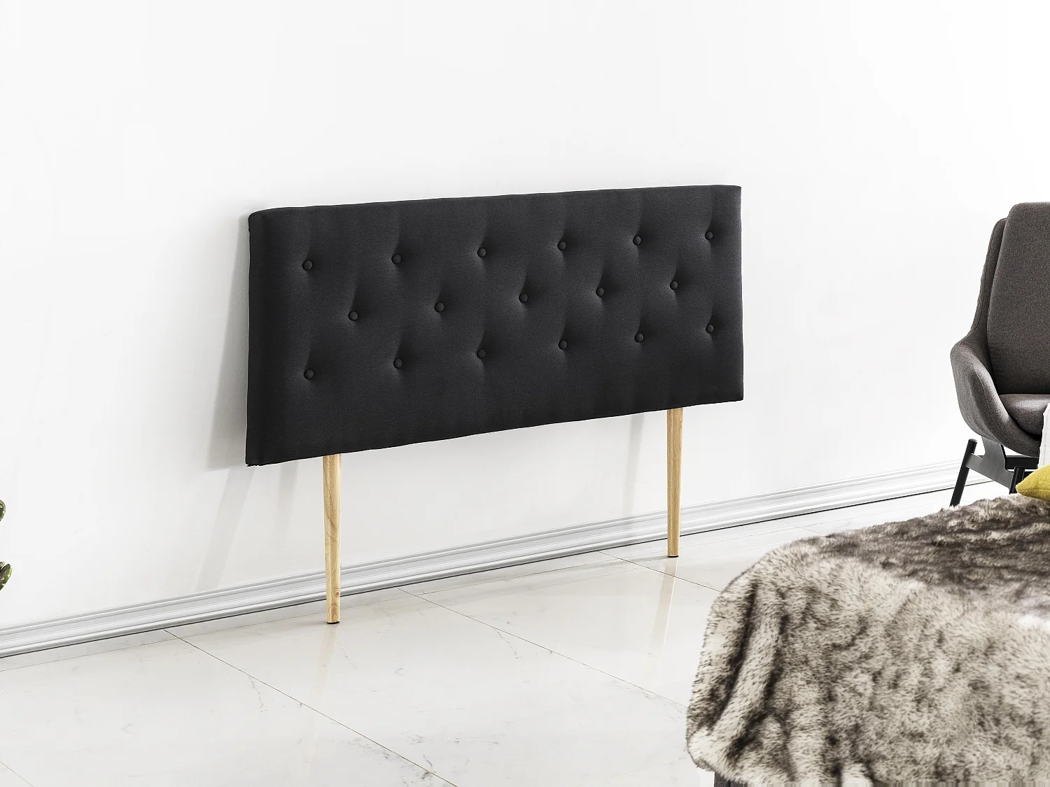 Tête De Lit 140x100 Cm, Capitonnée Tissu Noir, Epaisseur 8 Cm