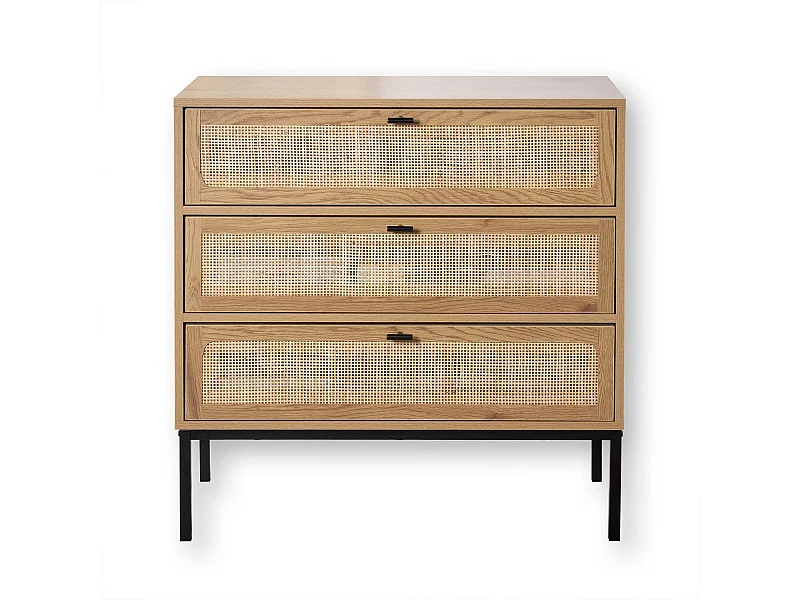 Kommode mit 3 Schubladen und Vorderseite aus Rattan - L80 cm