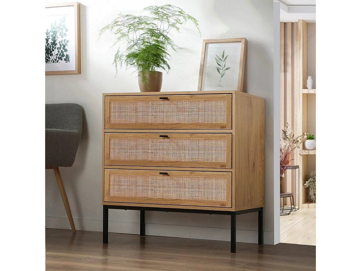 Cómoda 3 cajones efecto madera con rejilla de ratán L80 x P39 cm - JAYA