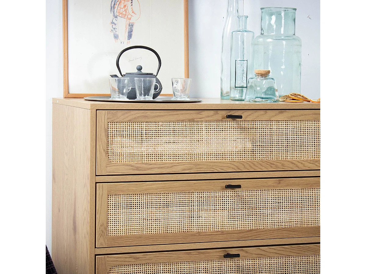 Cómoda 3 cajones efecto madera con rejilla de ratán L80 x P39 cm - JAYA