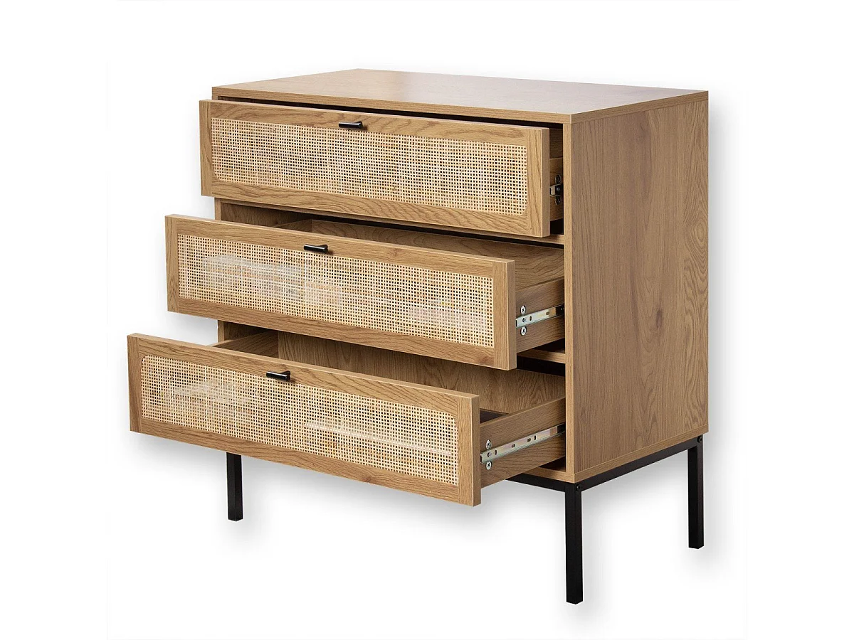 Cómoda 3 cajones efecto madera con rejilla de ratán L80 x P39 cm - JAYA