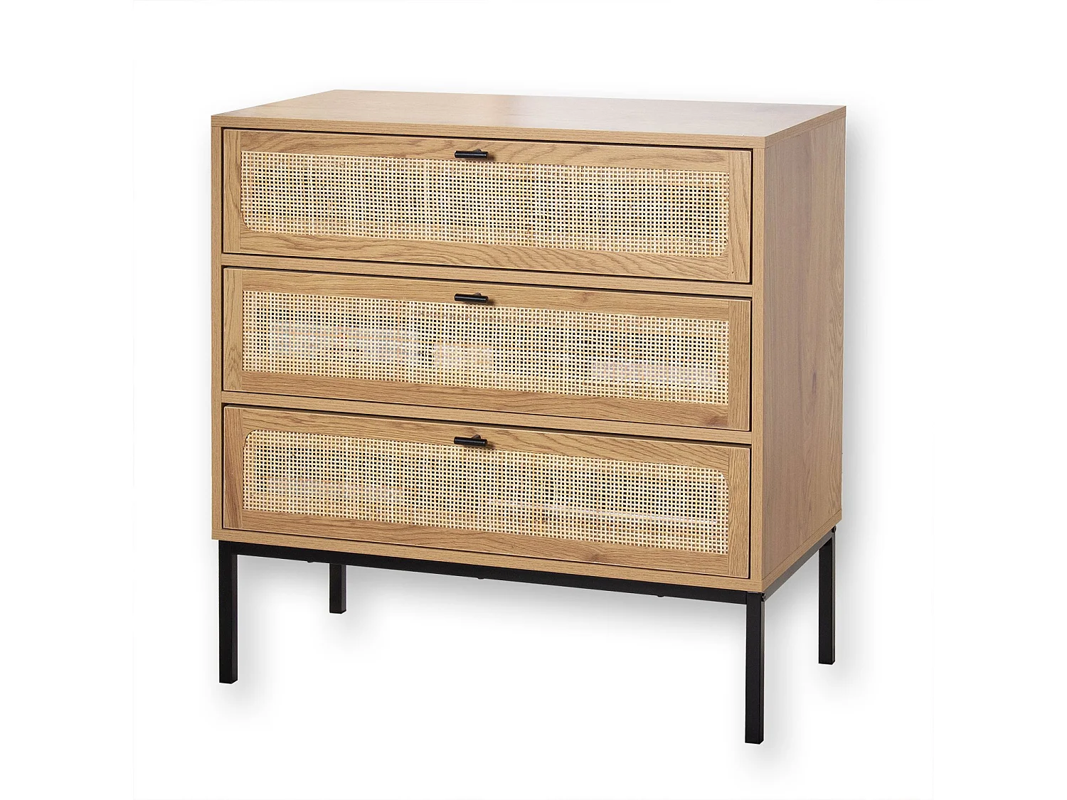 Cómoda 3 cajones efecto madera con rejilla de ratán L80 x P39 cm - JAYA