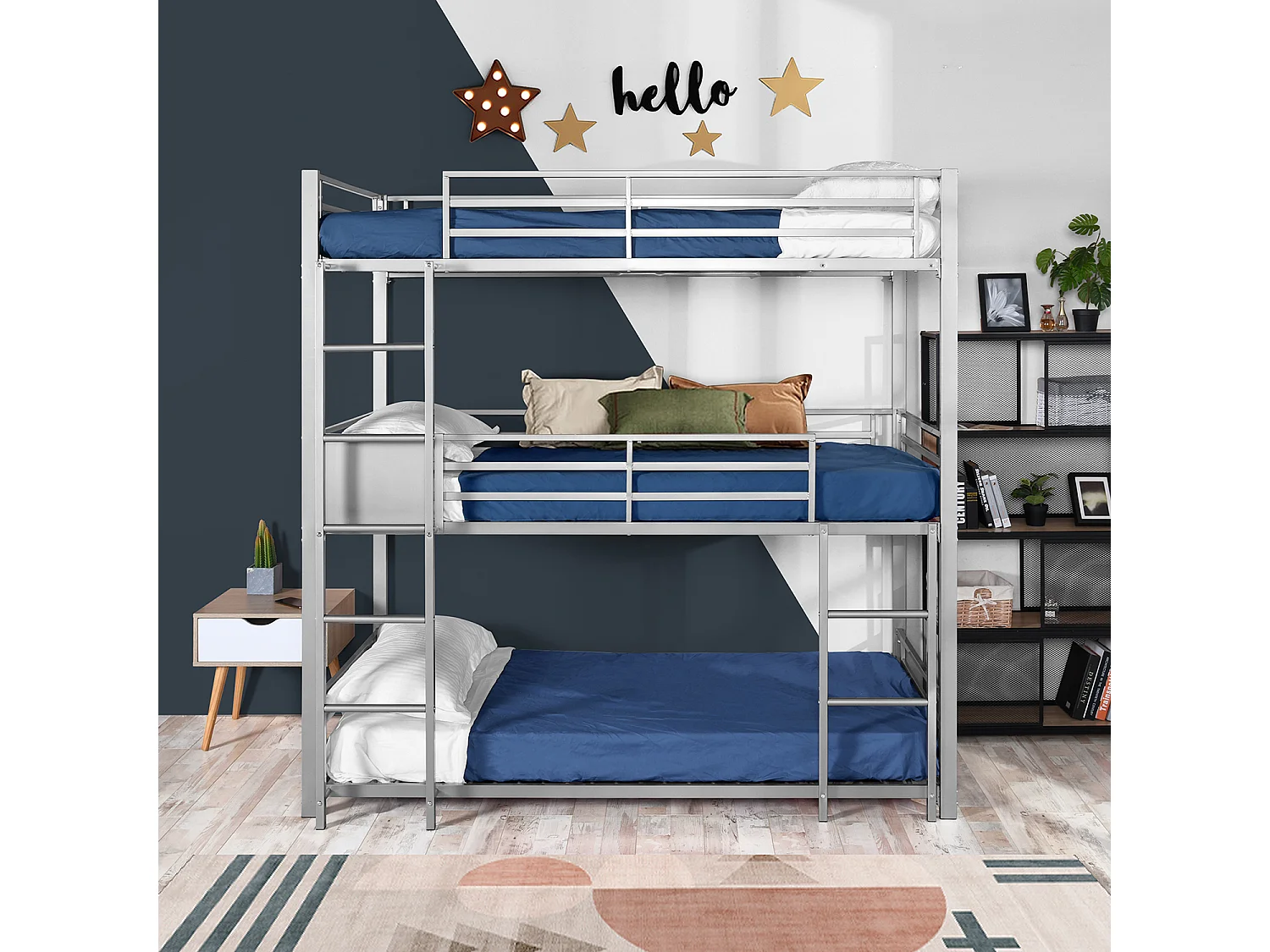 Meubles Cosy Lit superposés Lit surélevé pour 3 Personnes Sommier inclus 90 x 190 cm Métal laqué Gris Style Industriel