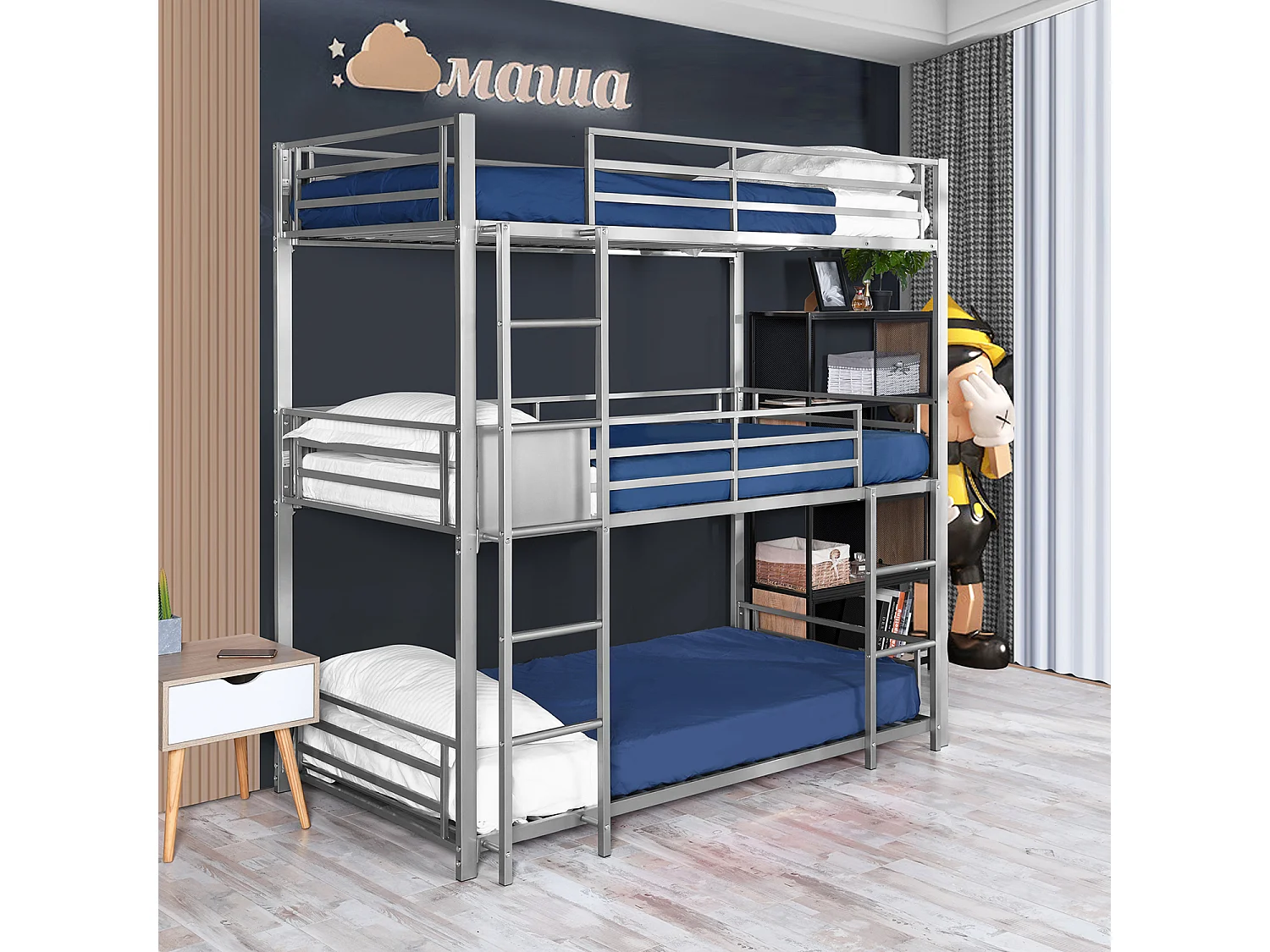 Meubles Cosy Lit superposés Lit surélevé pour 3 Personnes Sommier inclus 90 x 190 cm Métal laqué Gris Style Industriel