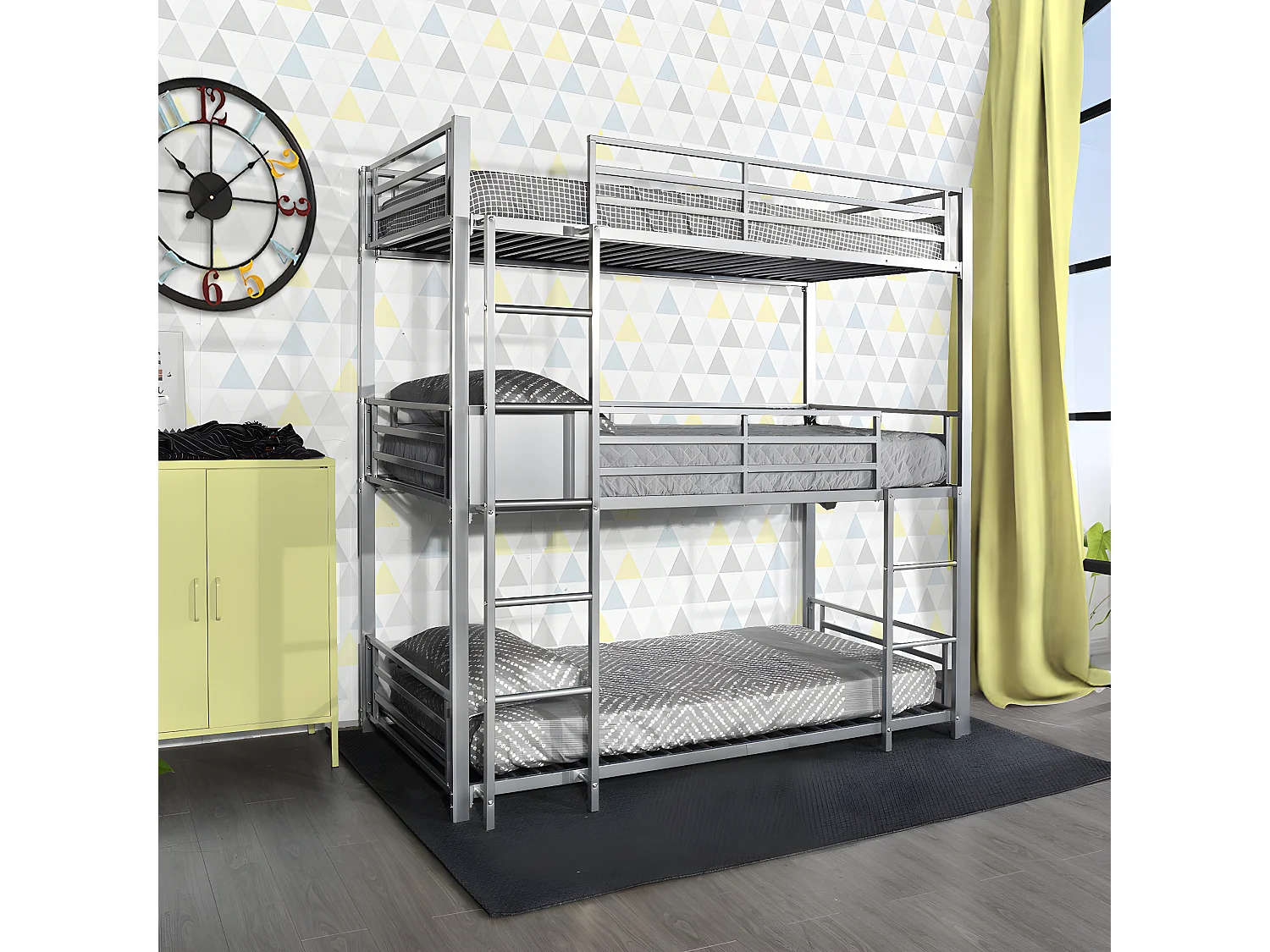 Meubles Cosy Lit superposés Lit surélevé pour 3 Personnes Sommier inclus 90 x 190 cm Métal laqué Gris Style Industriel