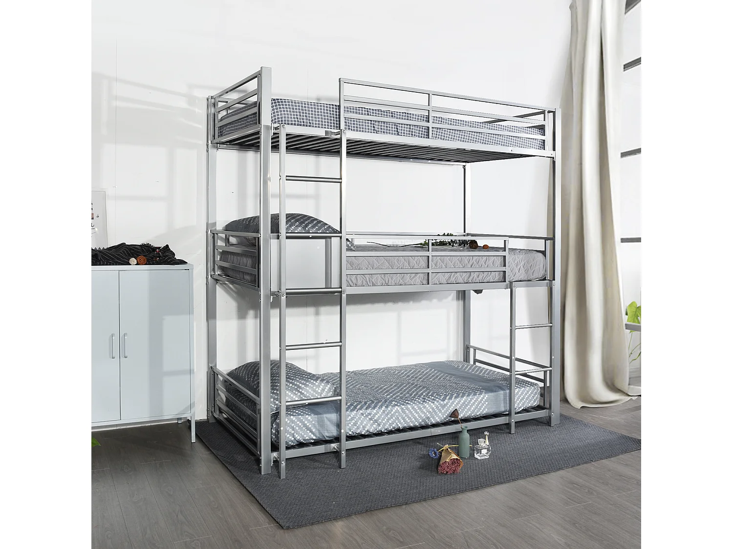Meubles Cosy Lit superposés Lit surélevé pour 3 Personnes Sommier inclus 90 x 190 cm Métal laqué Gris Style Industriel