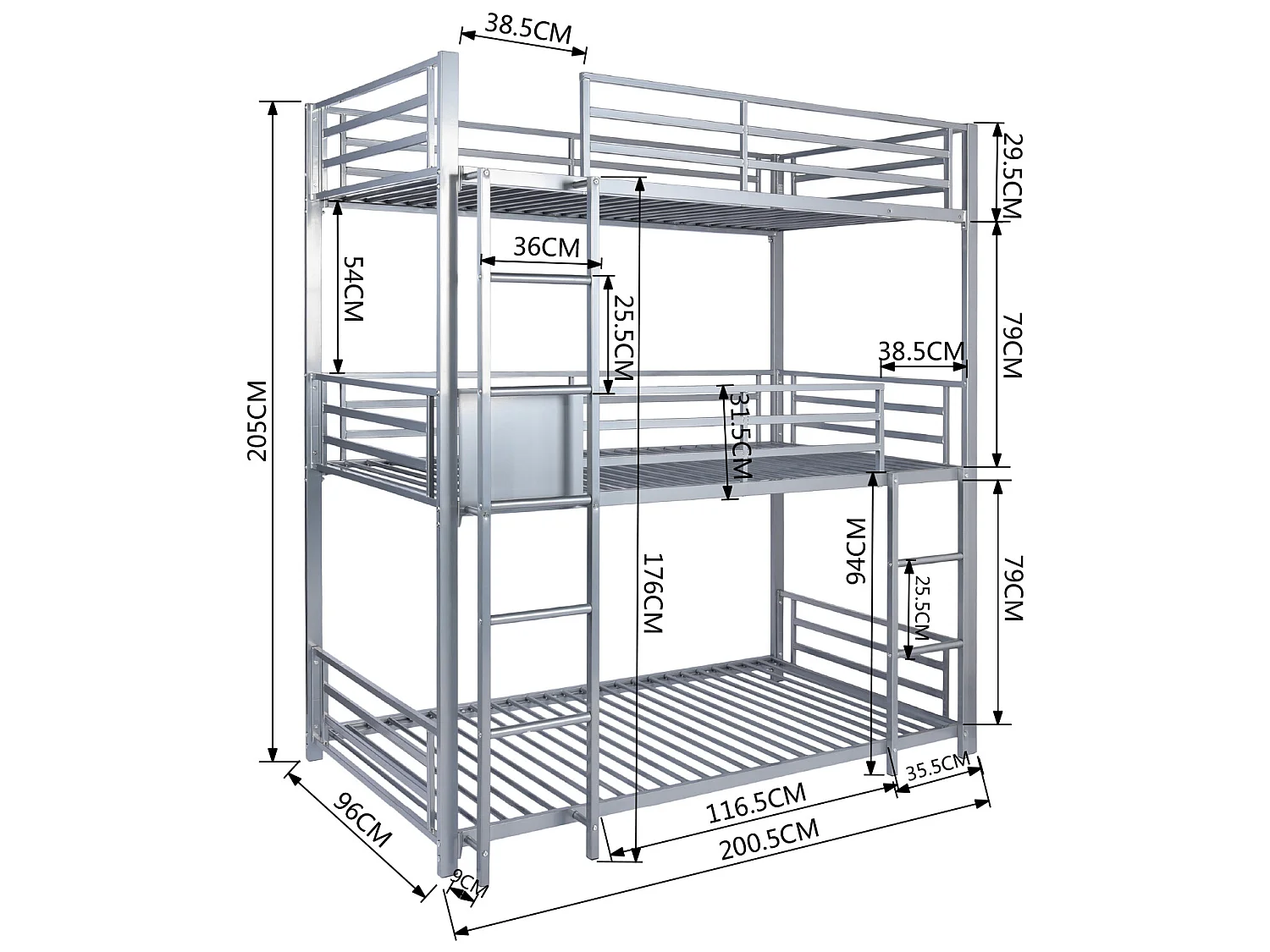 Meubles Cosy Lit superposés Lit surélevé pour 3 Personnes Sommier inclus 90 x 190 cm Métal laqué Gris Style Industriel
