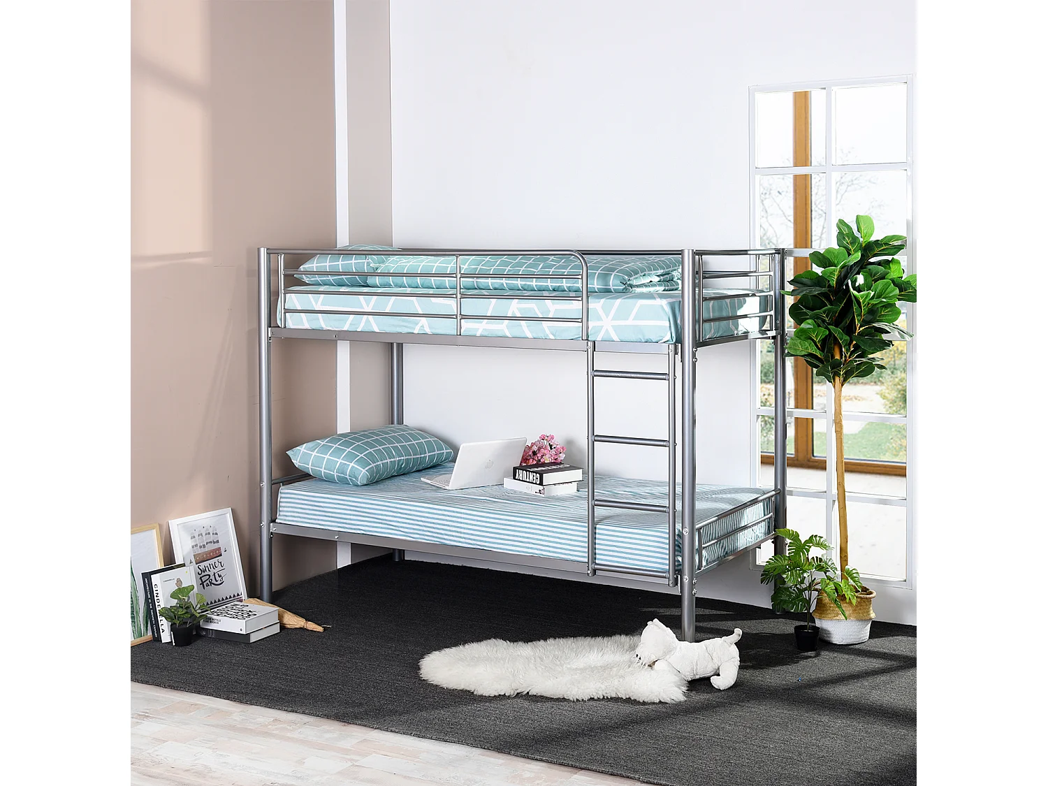 Meubles Cosy Lit superposé Lit surélevé pour 2 Personnes Sommier inclus 90 x 190 cm Métal laqué Gris Style Industriel