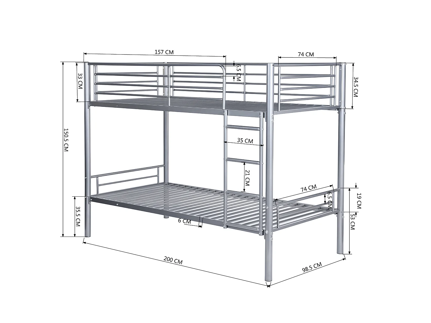Meubles Cosy Lit superposé Lit surélevé pour 2 Personnes Sommier inclus 90 x 190 cm Métal laqué Gris Style Industriel