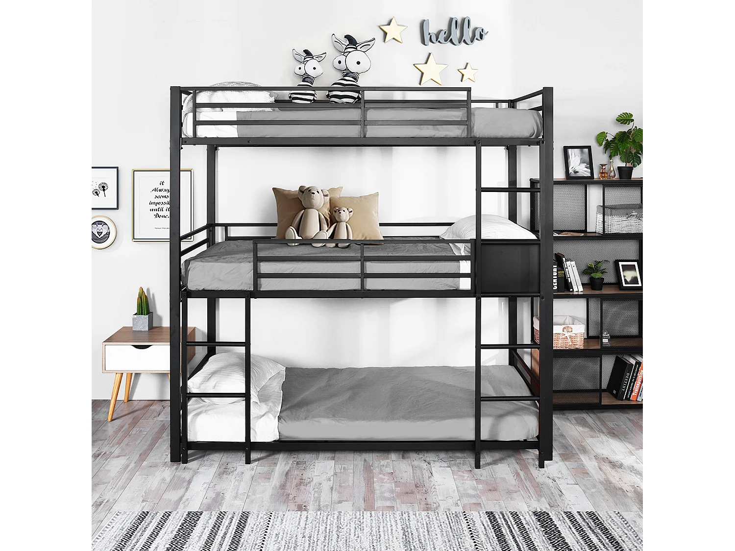 Meubles Cosy Lit superposés Lit surélevé pour 3 Personnes Sommier inclus 90 x 190 cm Métal laqué Noir Style Industriel