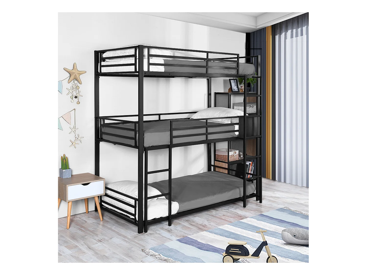 Meubles Cosy Lit superposés Lit surélevé pour 3 Personnes Sommier inclus 90 x 190 cm Métal laqué Noir Style Industriel