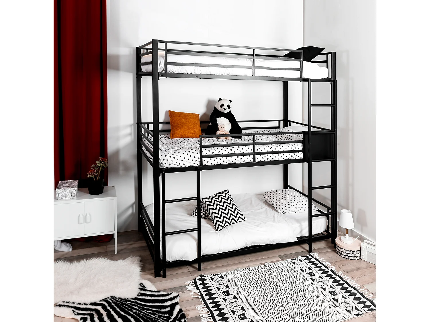 Meubles Cosy Lit superposés Lit surélevé pour 3 Personnes Sommier inclus 90 x 190 cm Métal laqué Noir Style Industriel