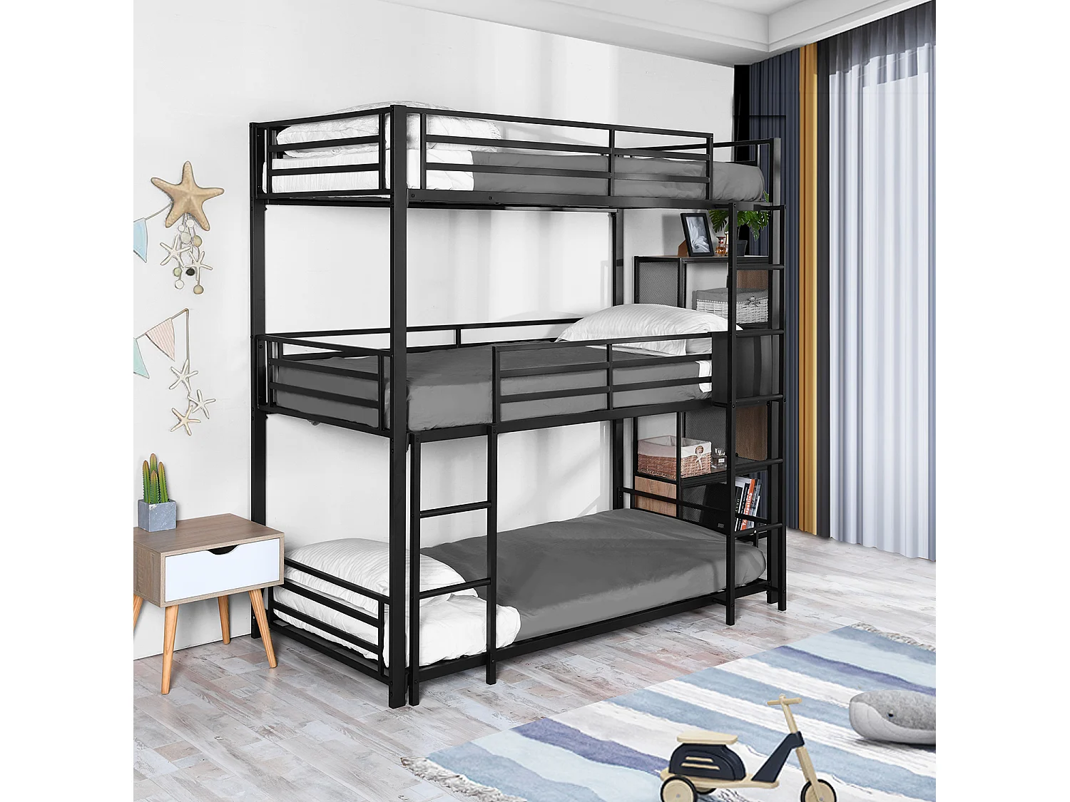 Meubles Cosy Lit superposés Lit surélevé pour 3 Personnes Sommier inclus 90 x 190 cm Métal laqué Noir Style Industriel