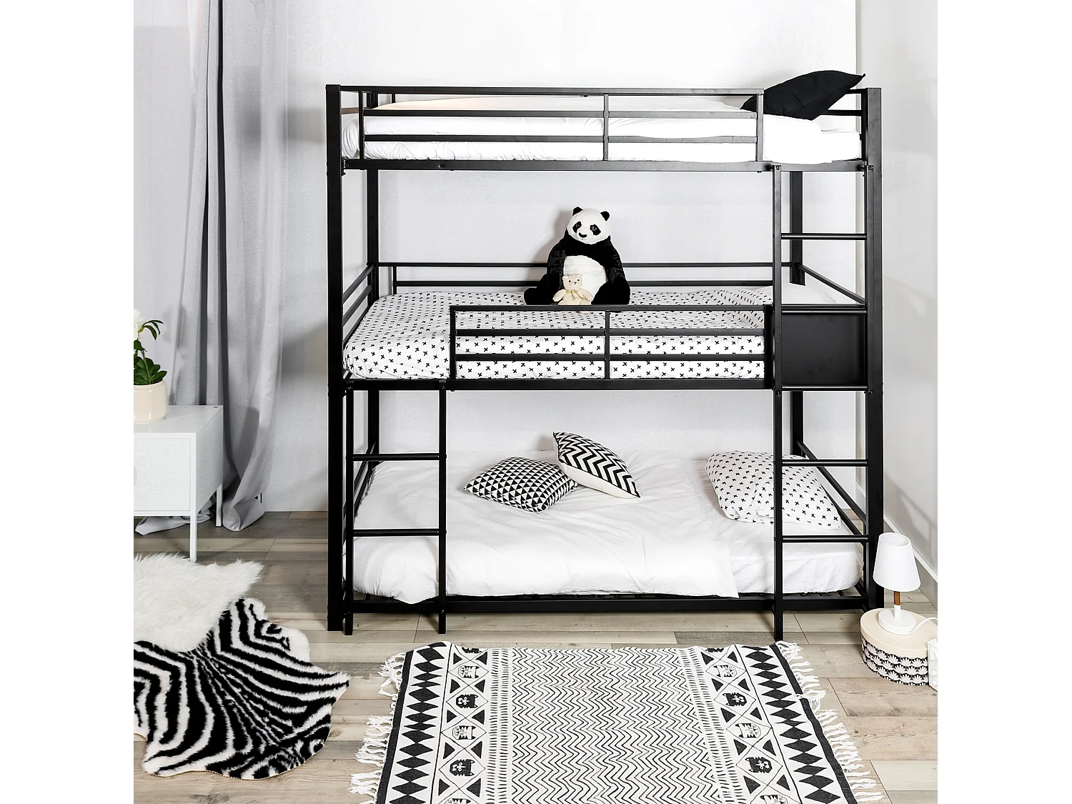 Meubles Cosy Lit superposés Lit surélevé pour 3 Personnes Sommier inclus 90 x 190 cm Métal laqué Noir Style Industriel