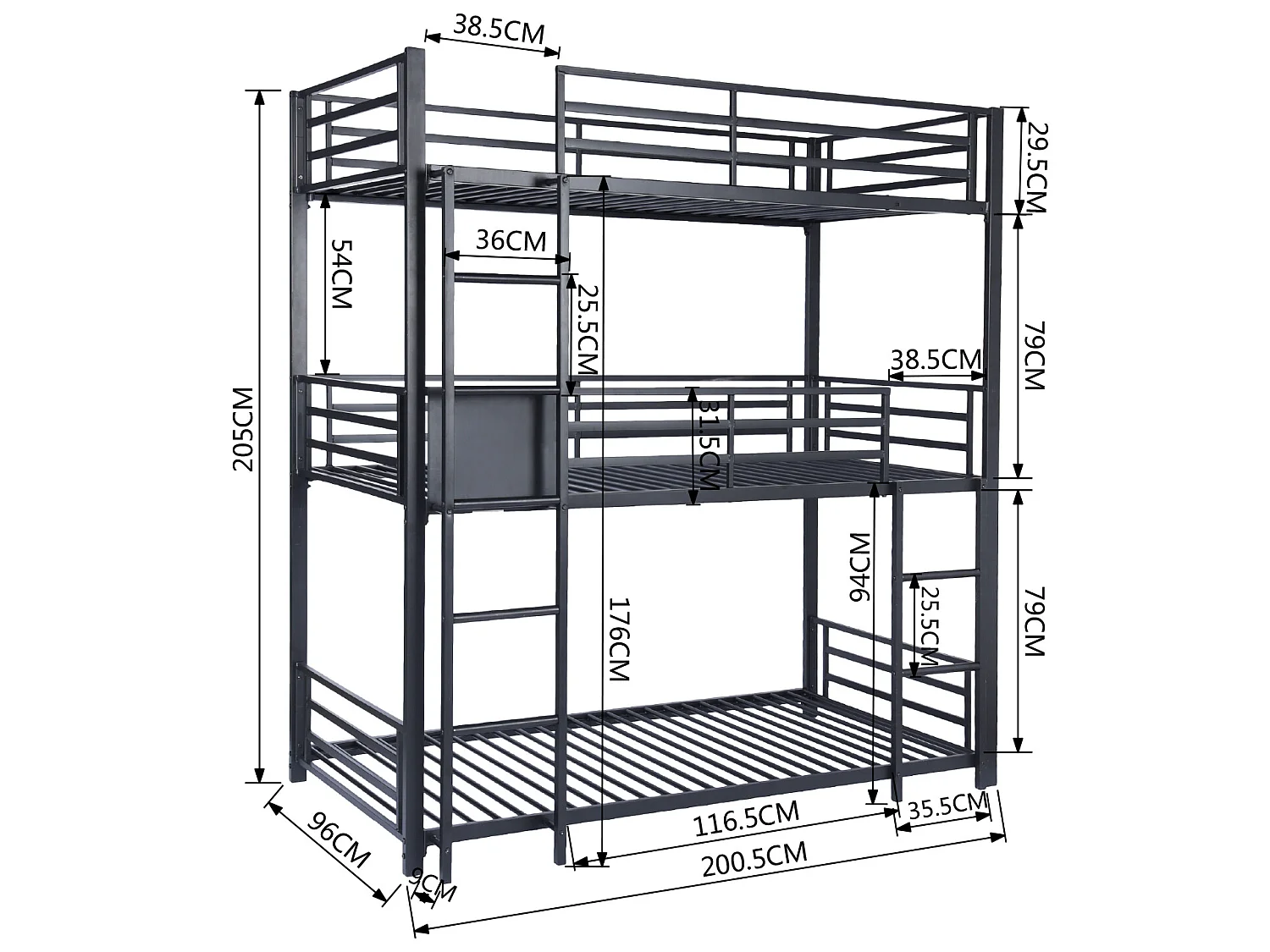 Meubles Cosy Lit superposés Lit surélevé pour 3 Personnes Sommier inclus 90 x 190 cm Métal laqué Noir Style Industriel