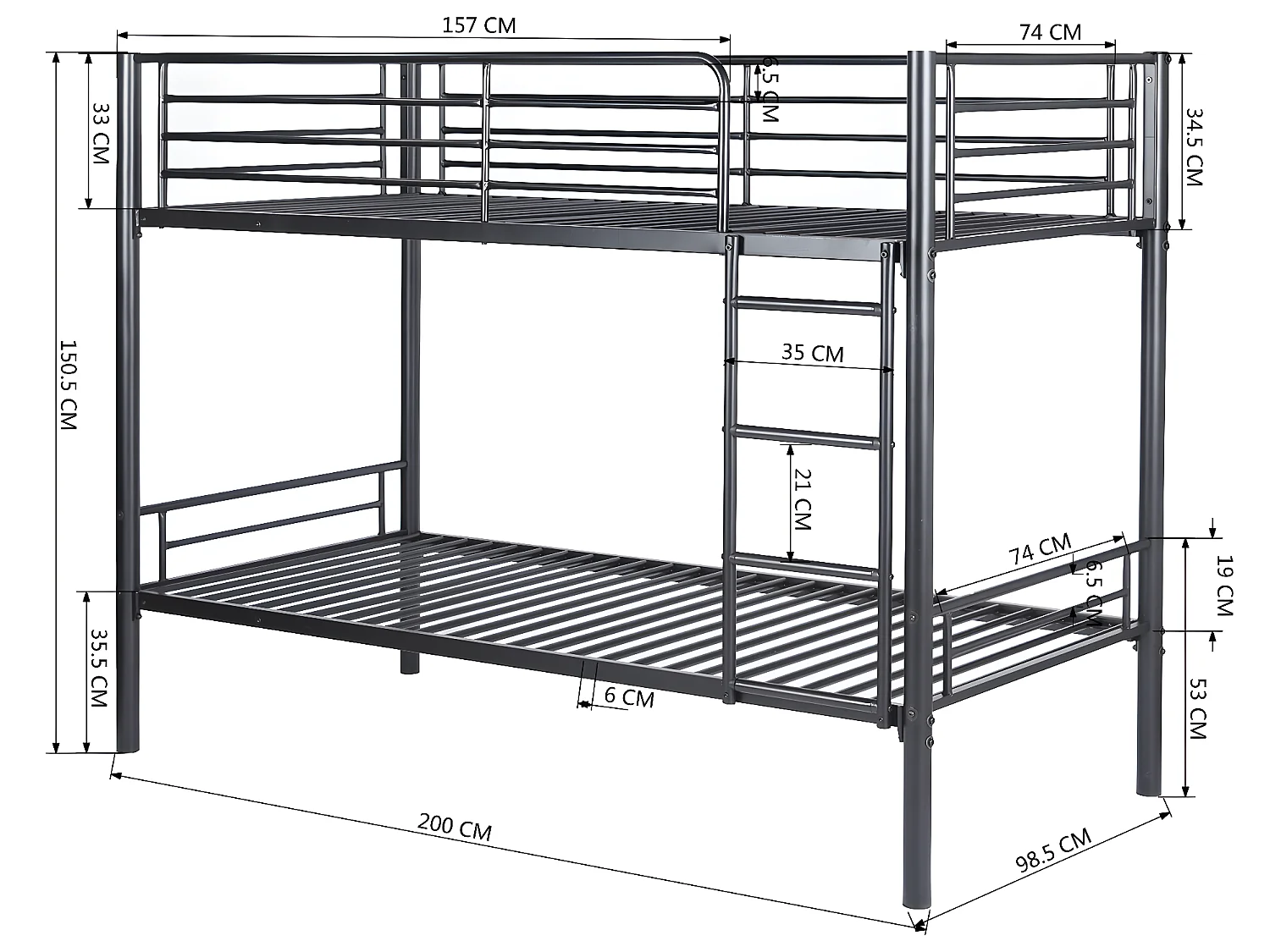 Meubles Cosy Lit superposé Lit surélevé pour 2 Personnes Sommier inclus 90 x 190 cm Métal laqué Noir Style Industriel