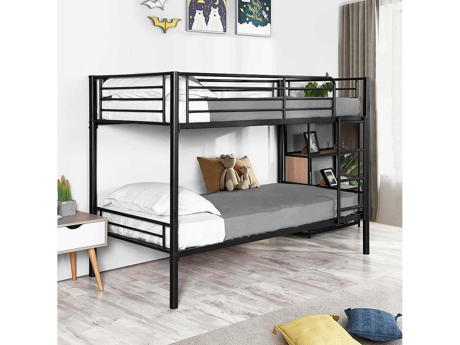 Meubles Cosy Lit superposé Lit surélevé pour 2 Personnes Sommier inclus 90 x 190 cm Métal laqué Noir Style Industriel