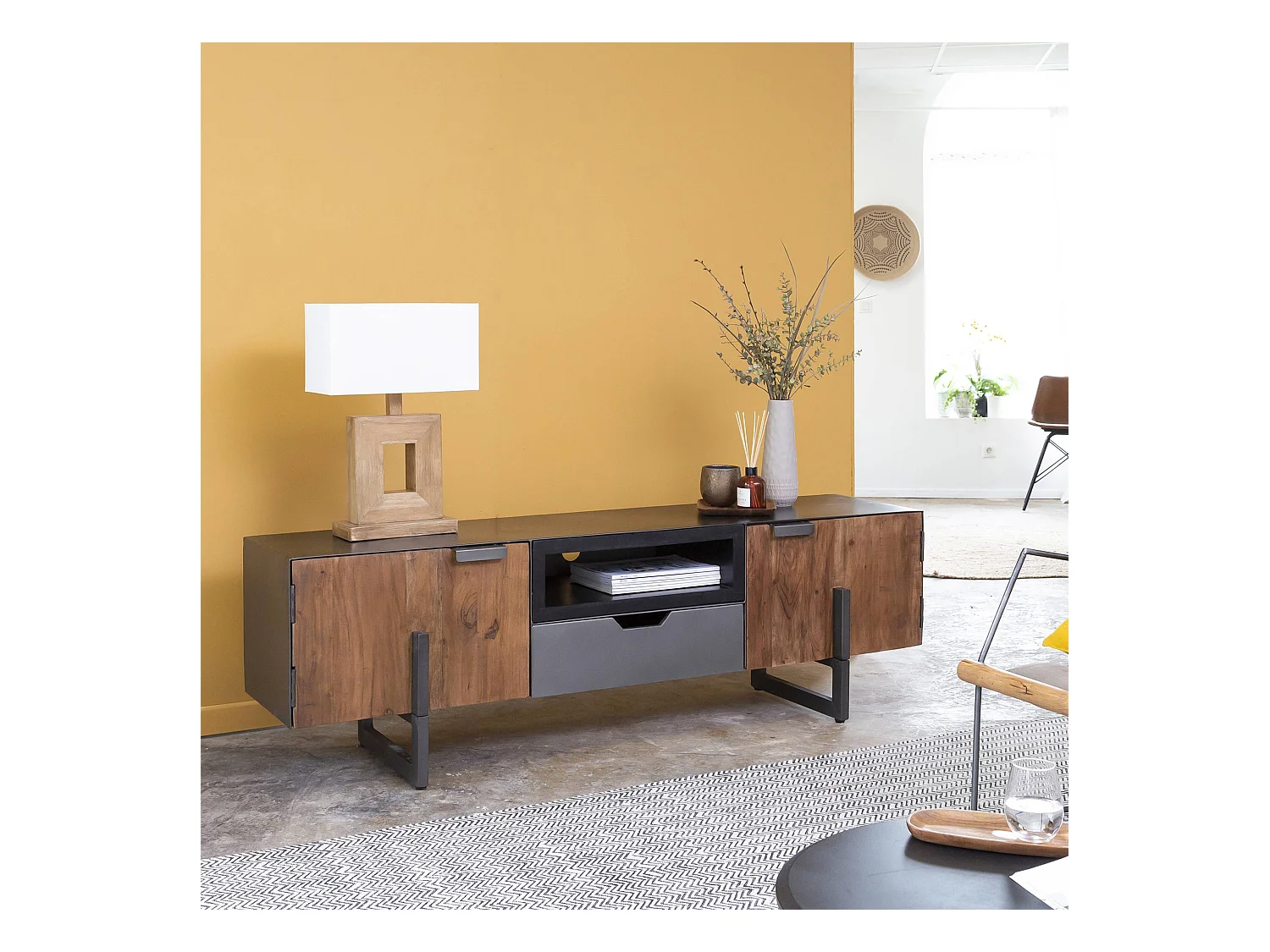Meuble TV bois d'acacia et métal Brune