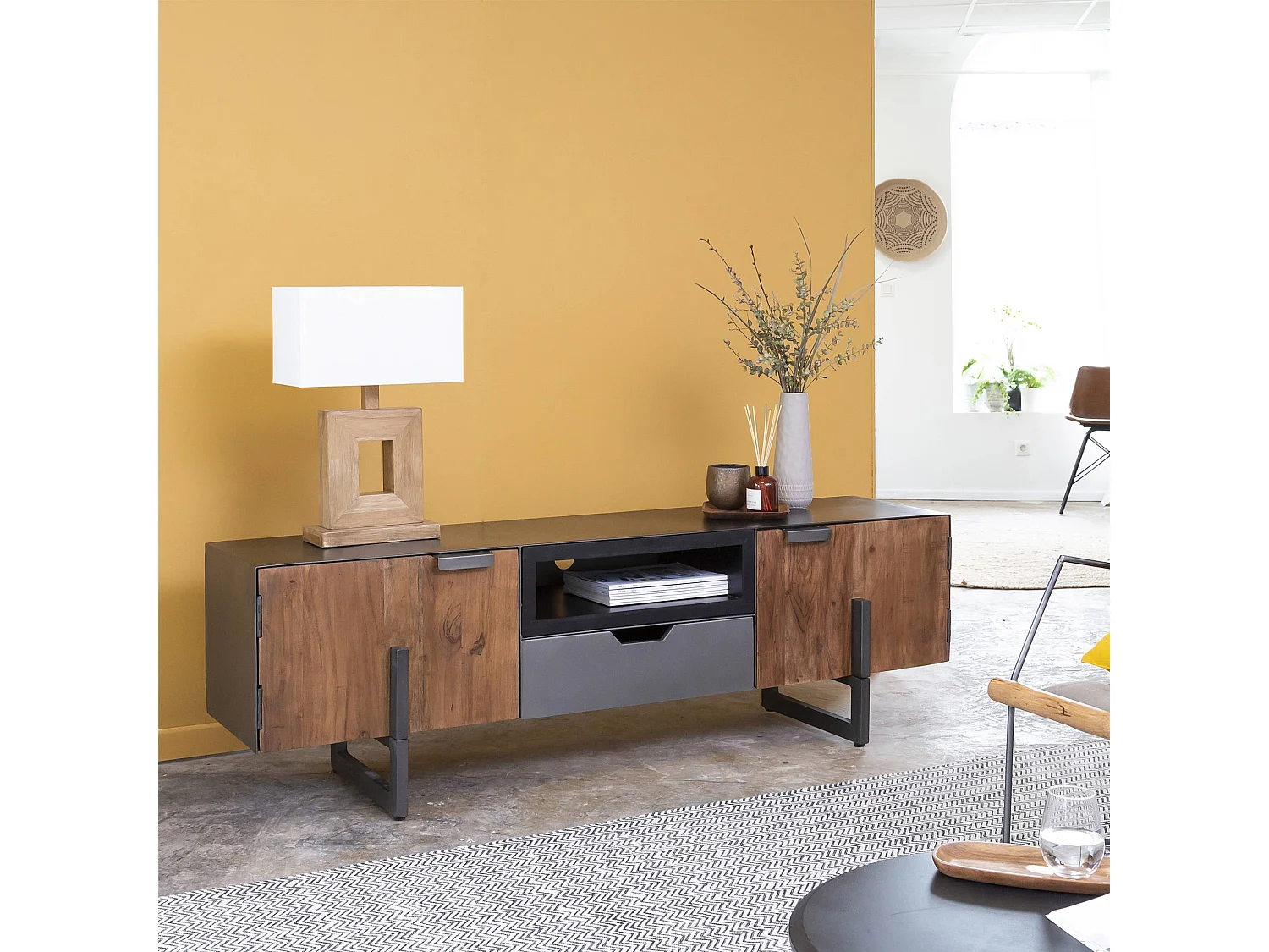 Meuble TV bois d'acacia et métal Brune