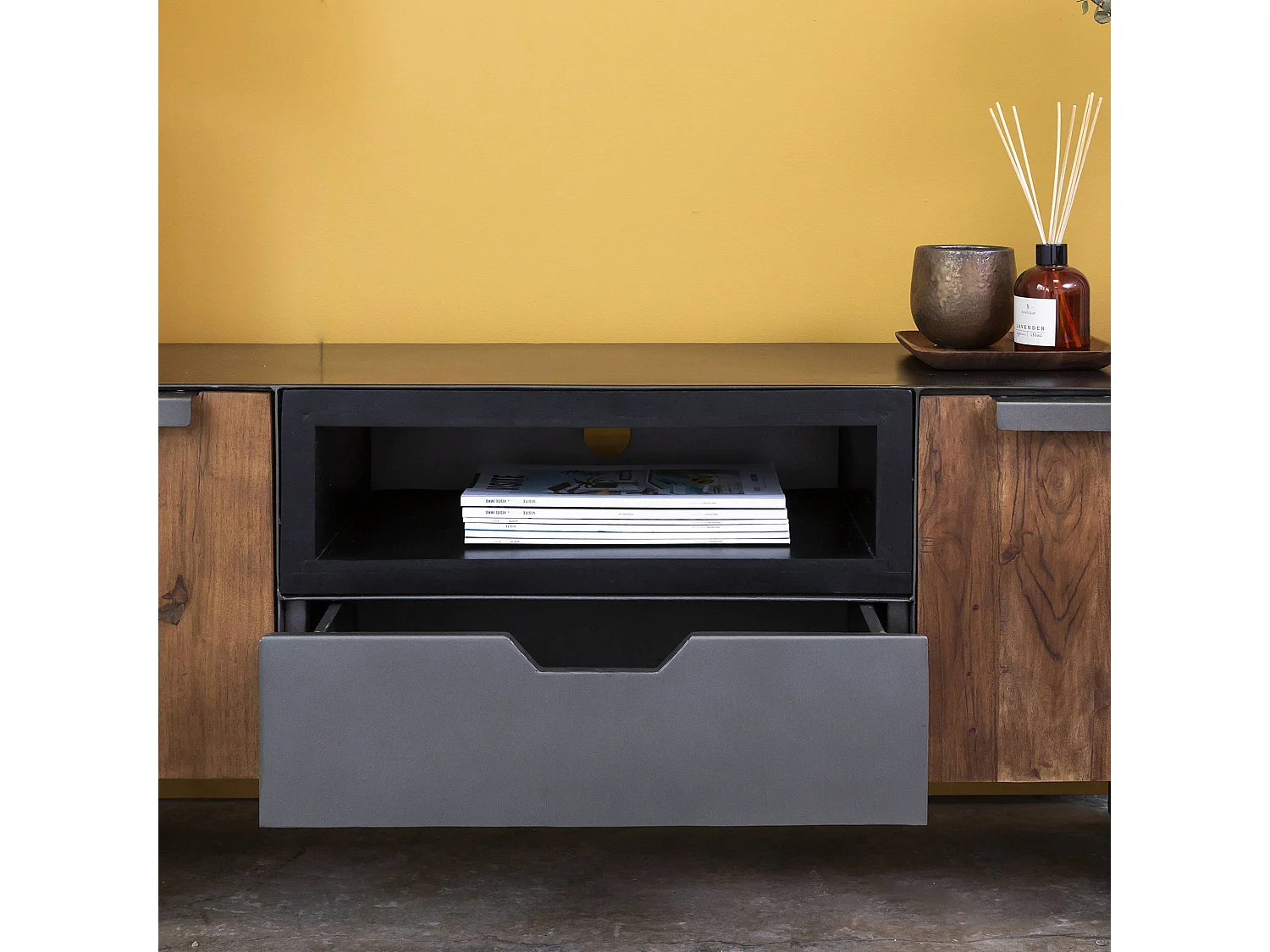 Meuble TV bois d'acacia et métal Brune