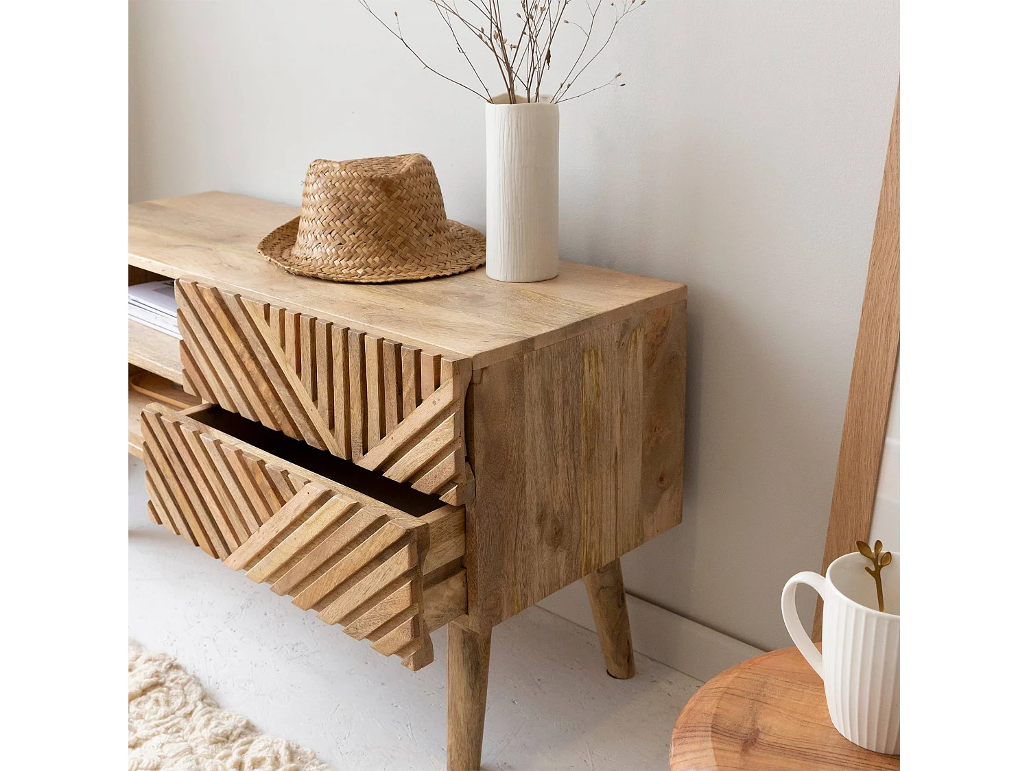 Meuble TV en bois de manguier chevrons Maëva