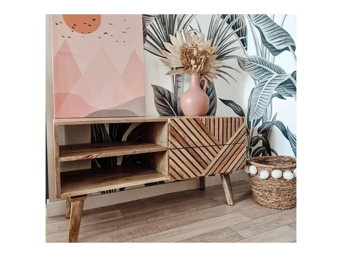 Meuble TV en bois de manguier chevrons Maëva