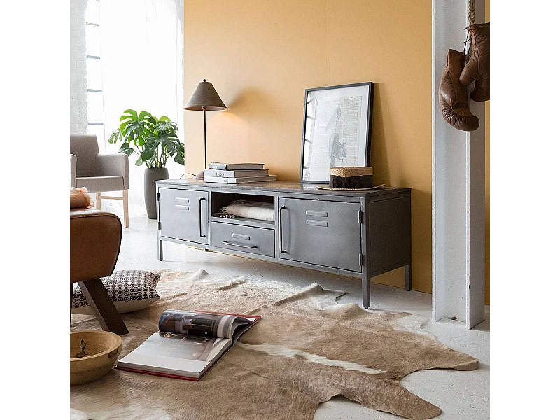 Mueble de TV industrial de metal gris Gustavo con almacenamiento organizado y aspecto vintage