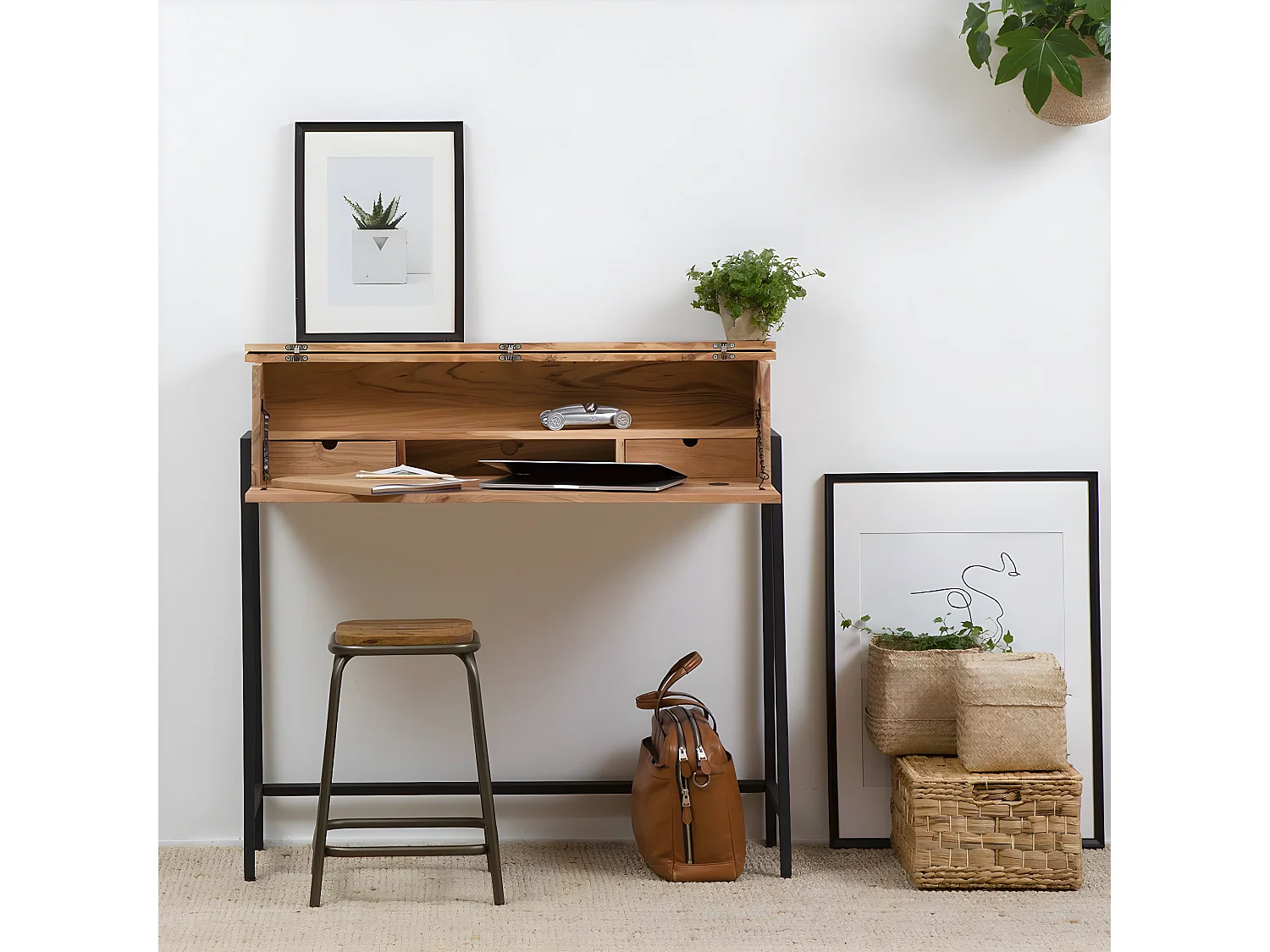 Bureau secrétaire en bois d'acacia et métal Milo