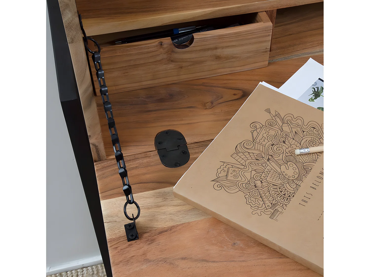 Bureau secrétaire en bois d'acacia et métal Milo