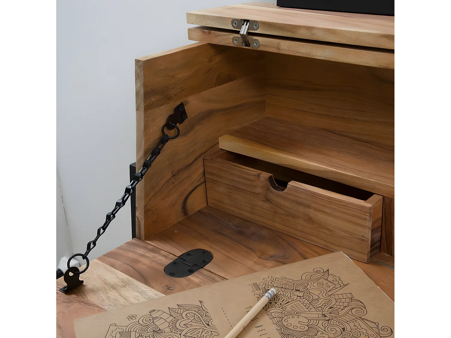 Escritorio secreter de madera de acacia y metal con almacenamiento y diseño industrial