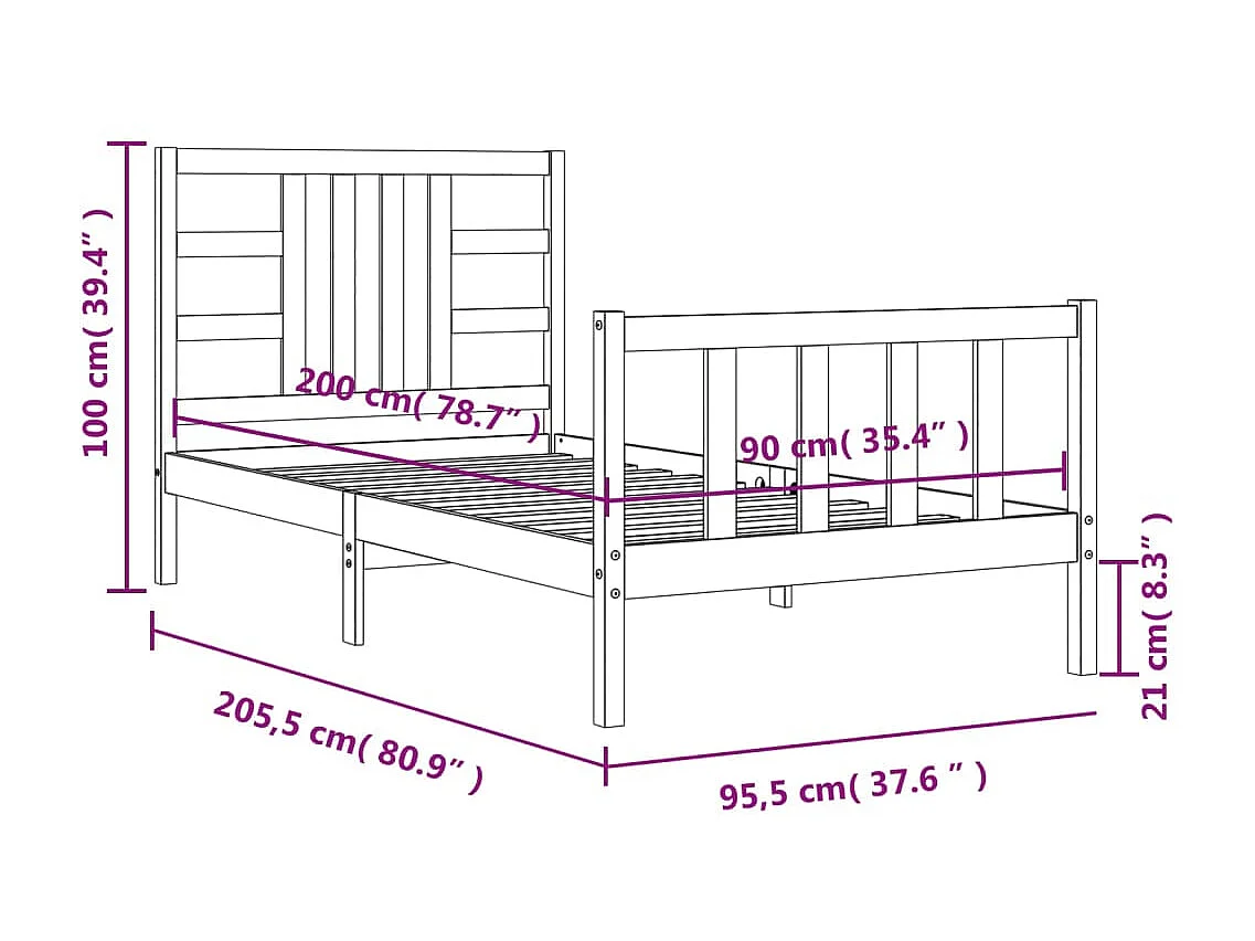Cadre de lit avec tête de lit 90x200 cm bois massif