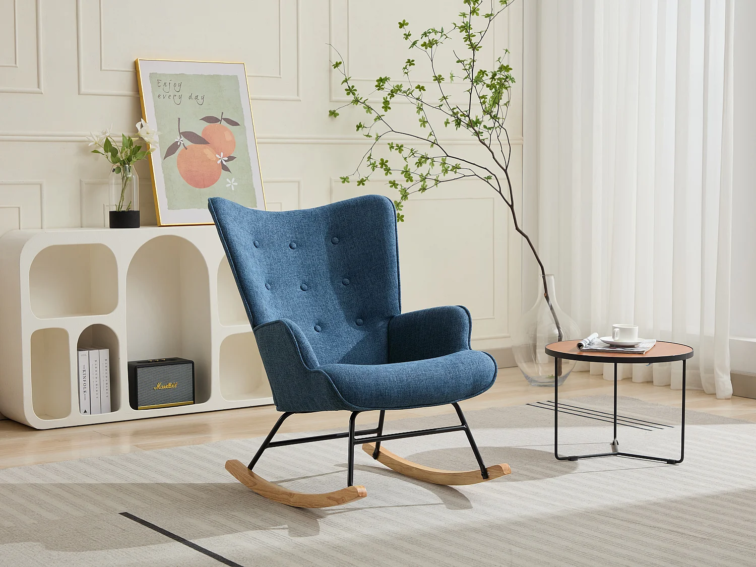 Fauteuil à bascule en tissu chiné bleu ELMINA II
