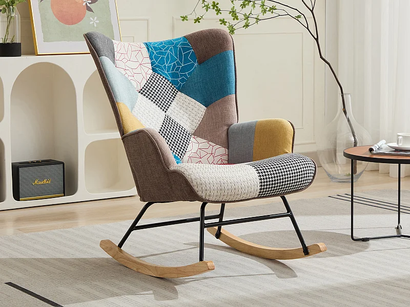 Fauteuil à bascule en tissu chiné patchwork multicolore ELMINA II