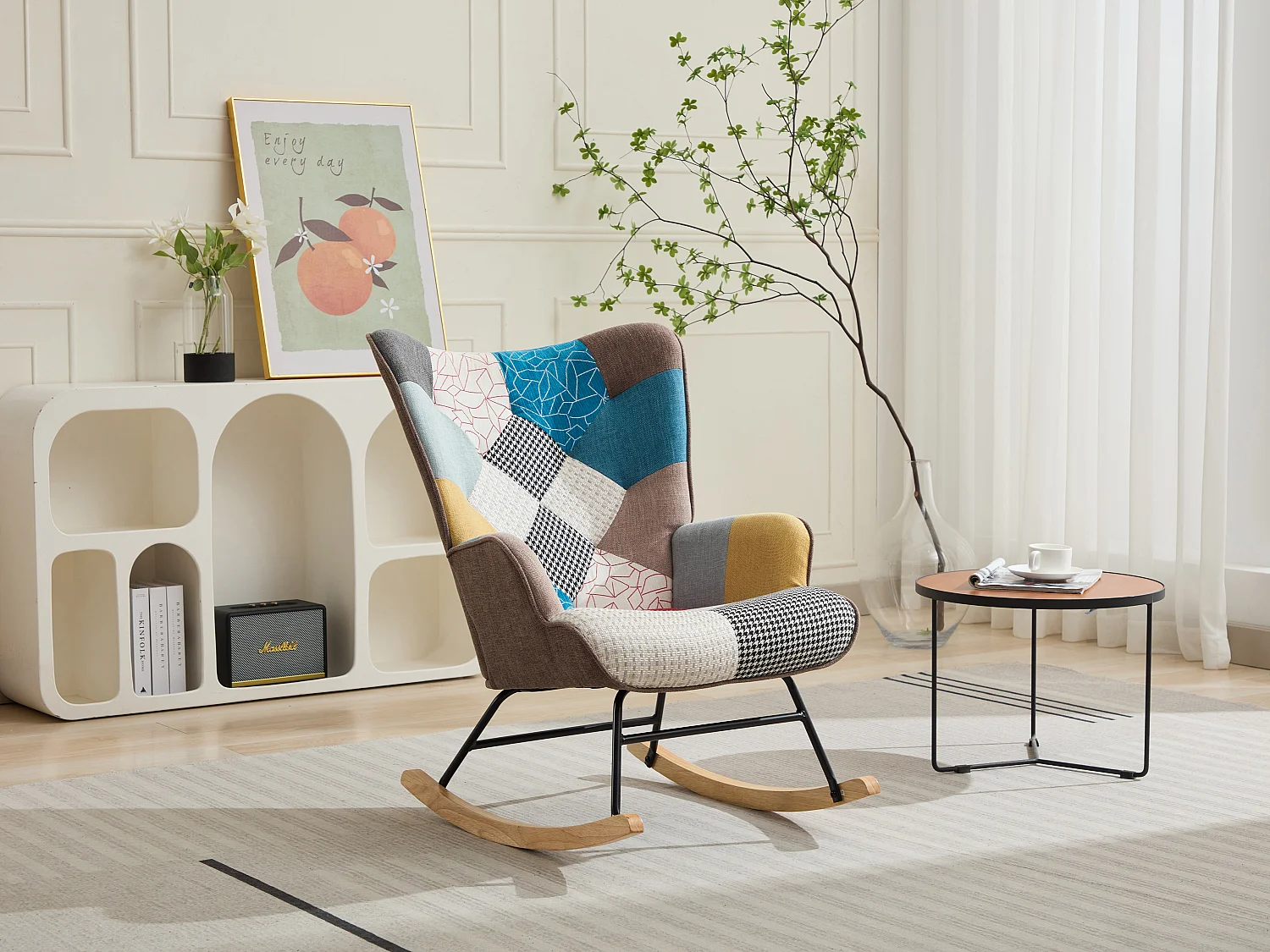 Fauteuil à bascule en tissu chiné patchwork multicolore ELMINA II