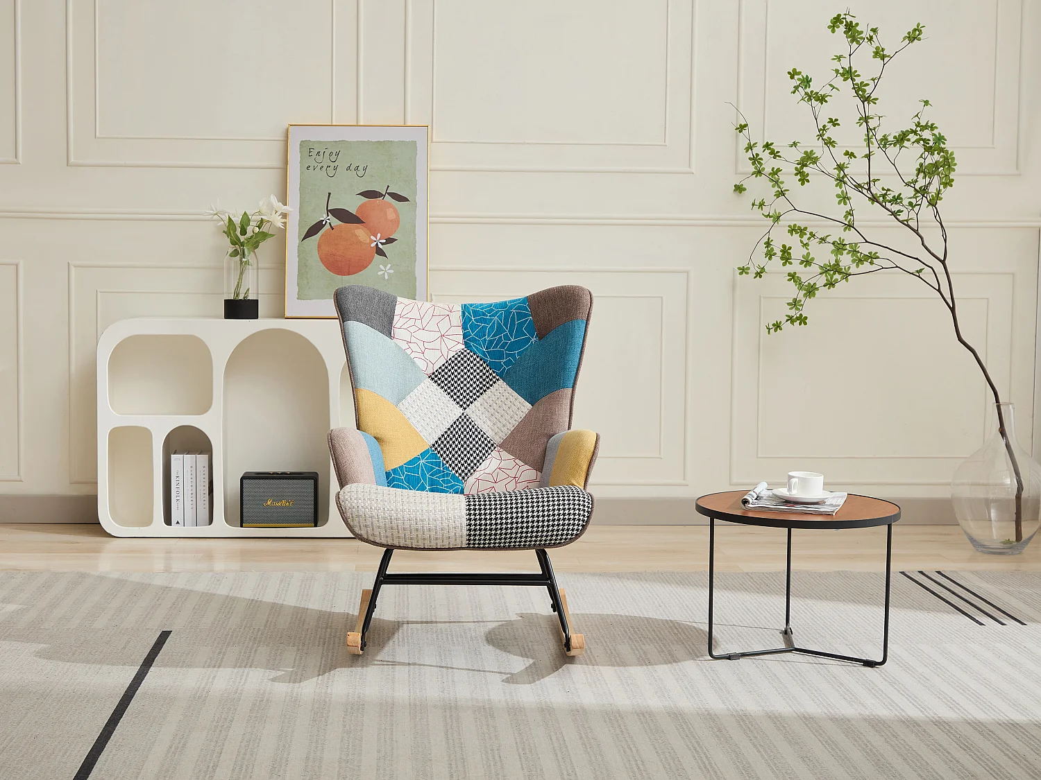 Sillón mecedora de tela patchwork multicolor ELMINA II