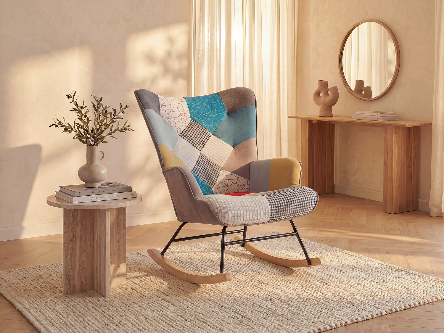 Fauteuil à bascule en tissu chiné patchwork multicolore ELMINA II