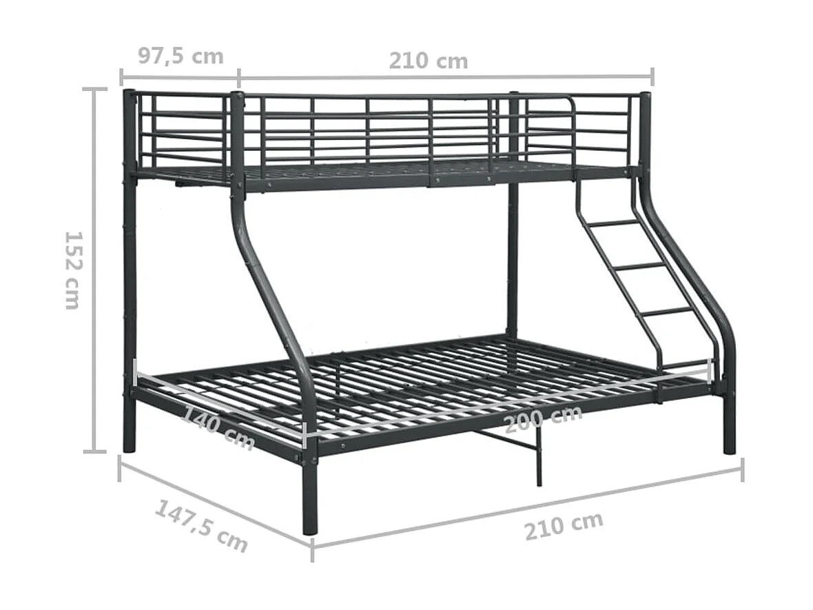 Cadre de lit superposé Noir Métal 140x200 cm/90x200 cm