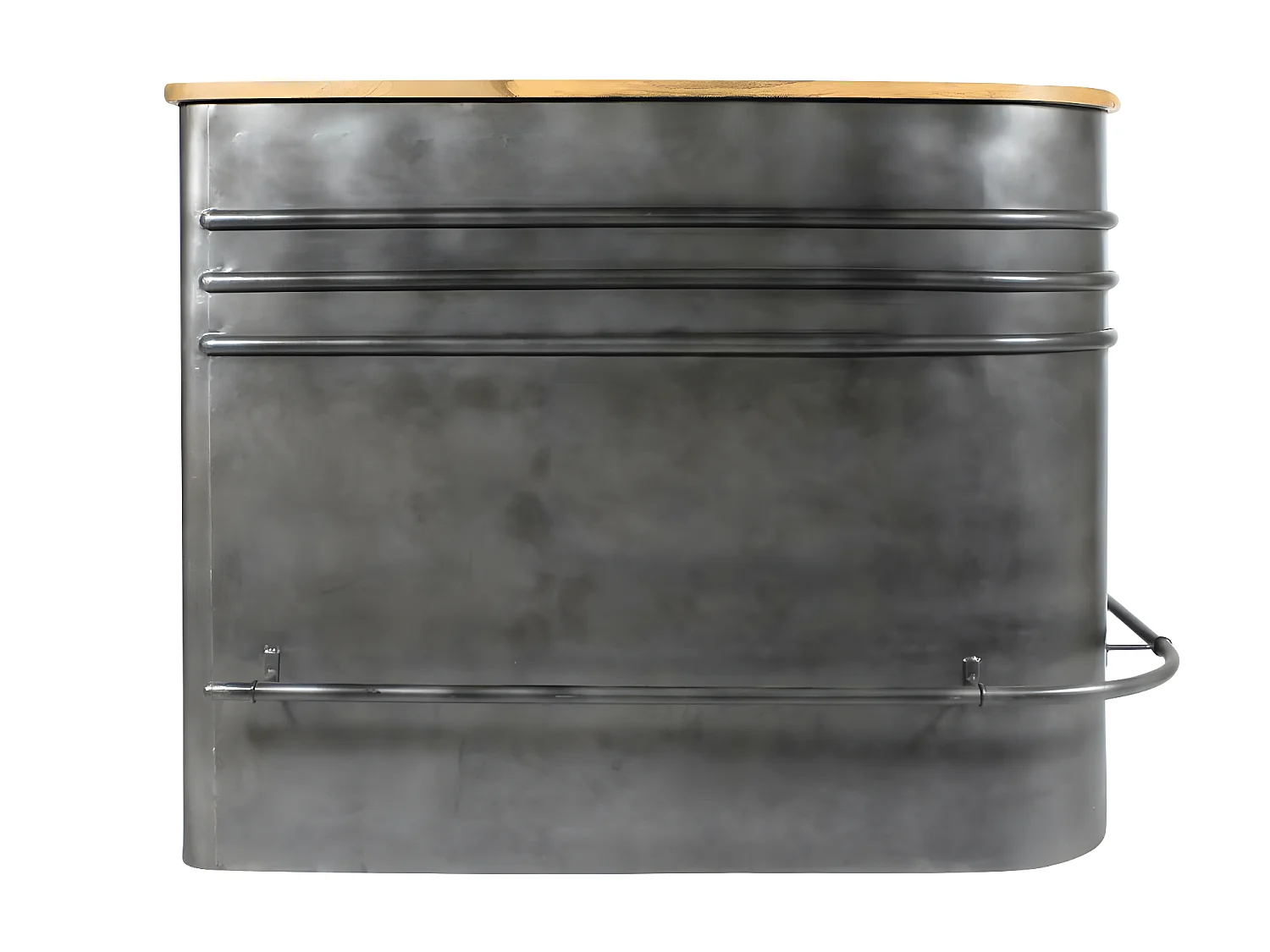 Mueble de barra de esquina industrial de metal gris con almacenamiento y tablero de mango