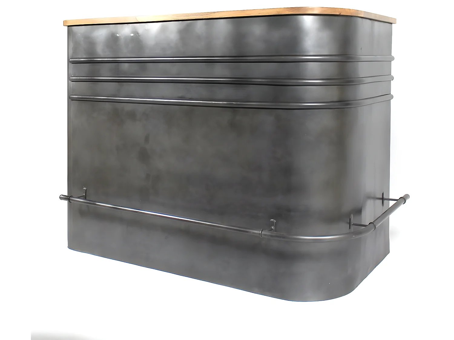 Mueble de barra de esquina industrial de metal gris con almacenamiento y tablero de mango