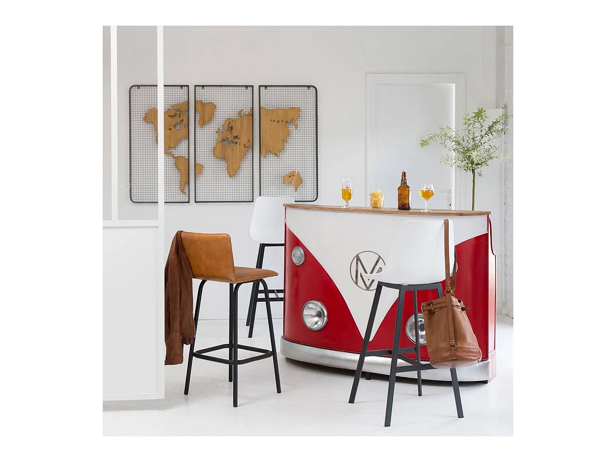 Meuble bar rouge avec plateau en bois de manguier Combi