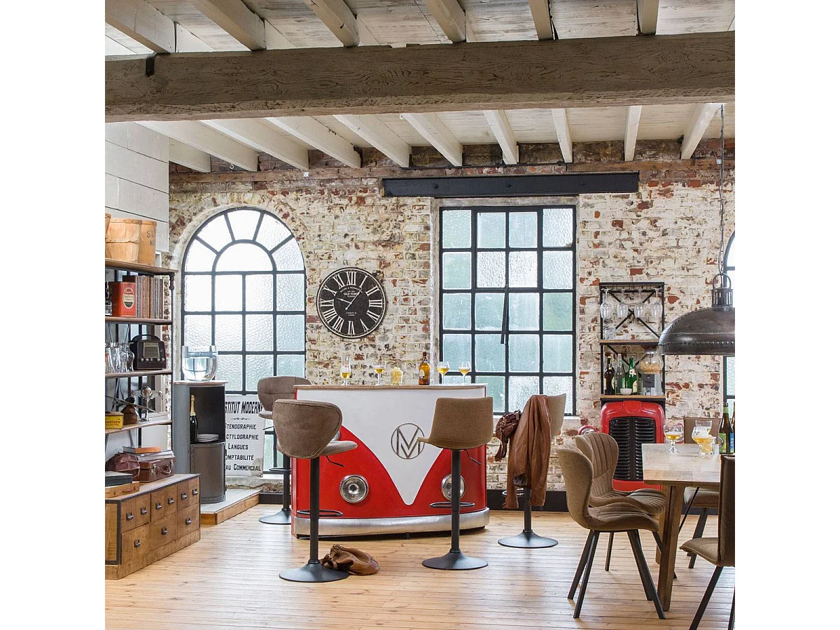 Meuble bar rouge avec plateau en bois de manguier Combi