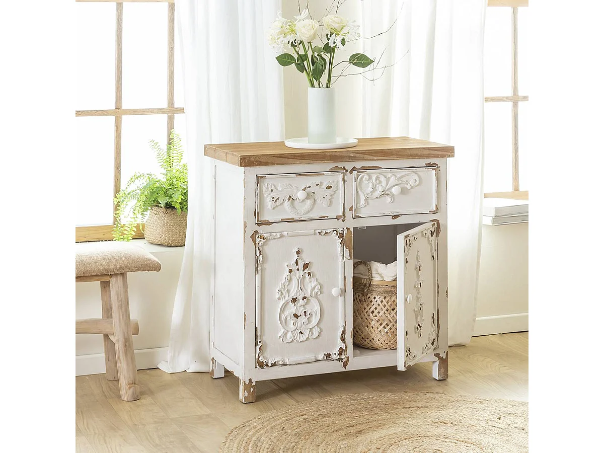Buffet Blanco de Pino Macizo Cepillado Estilo Vintage Bastille con Motivos Elegantes