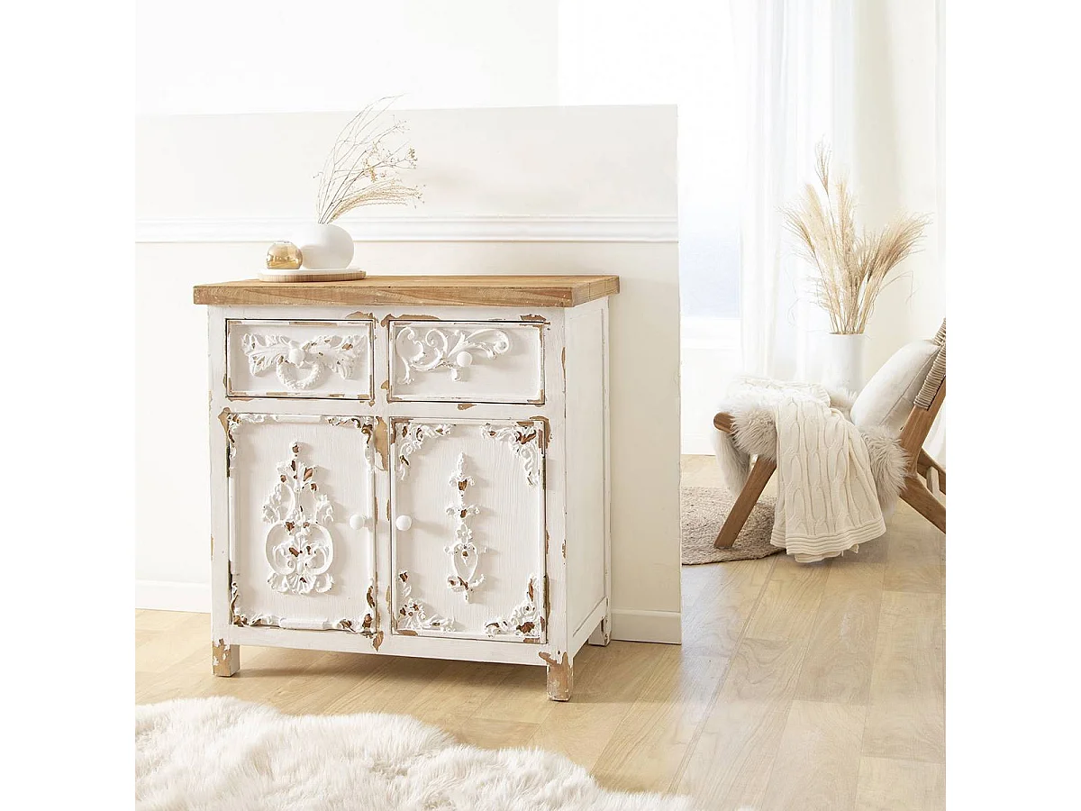 Buffet Blanco de Pino Macizo Cepillado Estilo Vintage Bastille con Motivos Elegantes