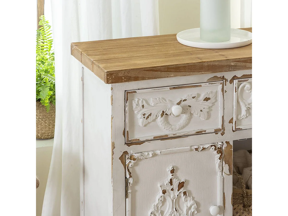 Buffet Blanco de Pino Macizo Cepillado Estilo Vintage Bastille con Motivos Elegantes