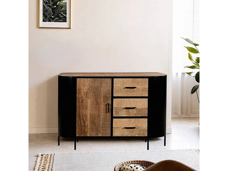 Buffet industrial de metal y madera de mango Achille - Amplio espacio de almacenamiento con puerta batiente y cajones centrales