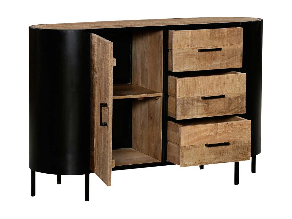 Buffet industrial de metal y madera de mango Achille - Amplio espacio de almacenamiento con puerta batiente y cajones centrales