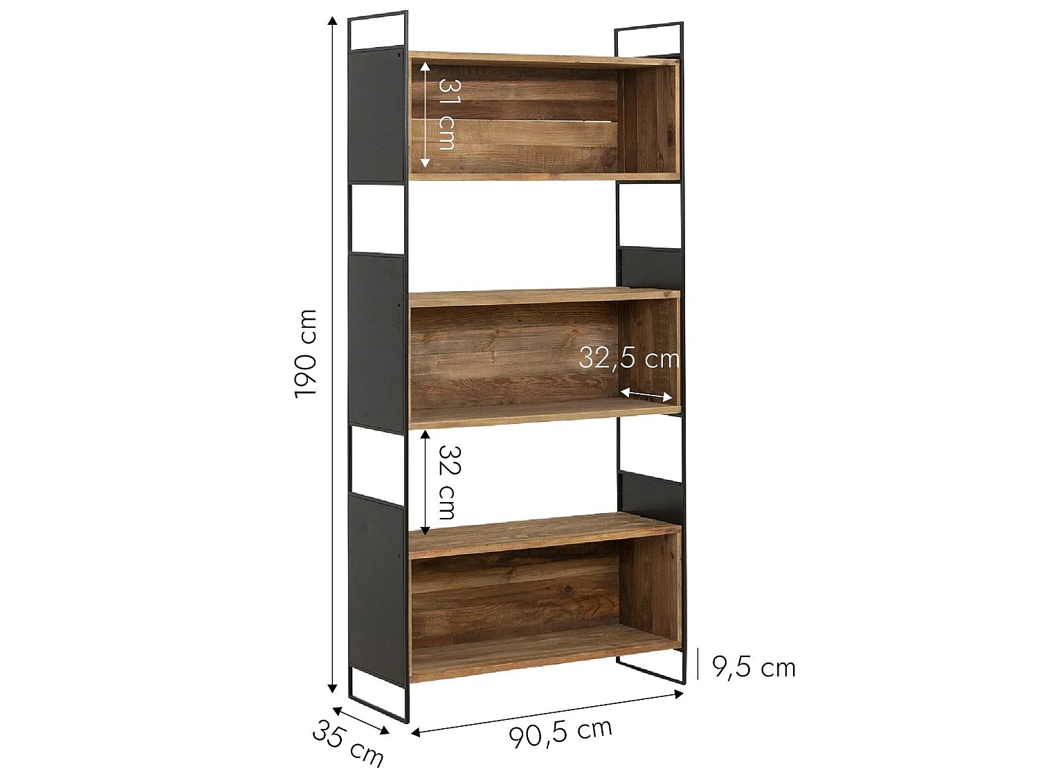 Estantería de madera reciclada Blaise 90 cm, estilo industrial, con grandes nichos e imperfecciones naturales